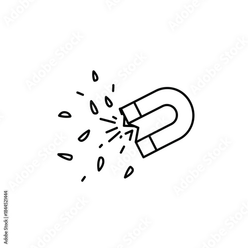 Magnet Attracting Particles Outline Icon. Simple U-shaped Horseshoe Magnet with Magnetic Field. Physics and Science Symbol Vector