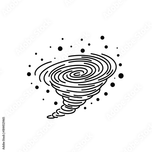 Stylized line art illustration of a powerful tornado or swirling wind funnel. Graphic icon representing natural disaster, storm, or danger.