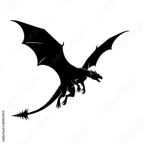 A majestic black dragon silhouette with large wings and a spiky tail flying against a clean white background, depicting a powerful mythical creature.