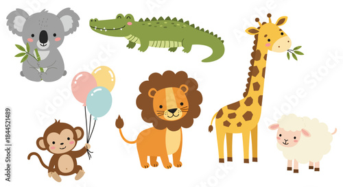 A charming collection of cute cartoon animals including a koala, crocodile, monkey with balloons, lion, giraffe, and sheep.