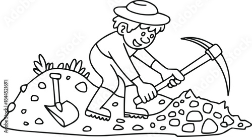 Gold Rush Cartoon Coloring Page  Miner with Pickaxe and Shiny Nuggets