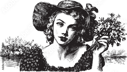 Vintage illustration of a girl holding a bouquet of flowers. Black and white vector illustration with a classic portrait style.