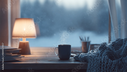 温かい部屋の中に置かれた湯気の立つマグカップ