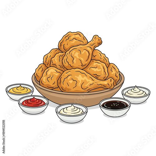 Pile of Crispy Fried Chicken Drumsticks and Thighs with Dipping Sauces Cutaway