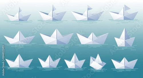 Paper Boats Floating on Water - A Serene Collection of Origami Vessels.