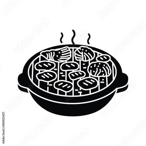 Iconic Glyph of Meat Grilling on a Barbecue Grill with Steam Rising Cutaway