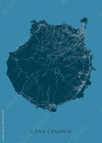 Map of Gran Canaria island. The island is depicted in a dark teal color, with intricate white lines representing roads and geographical features. The background is a lighter teal