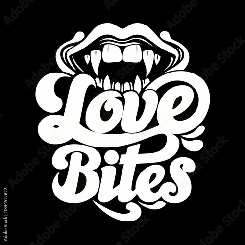 White vampire fangs biting love bites text on black