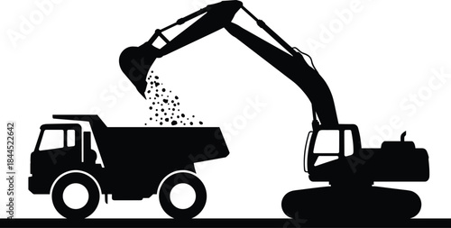 Construction machinery silhouettes, excavator loading dump truck, heavy equipment mining industry, industrial work site illustration concept black shadow vector design