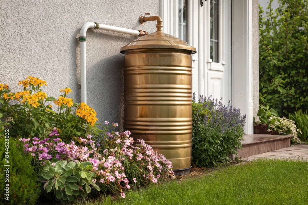 Obraz premium Brass rainwater collection barrel beside vibrant flower beds colorful blooms. Sustainable gardening. Enhancing the outdoor space environment. Promoting eco-friendly horticulture, farming practices