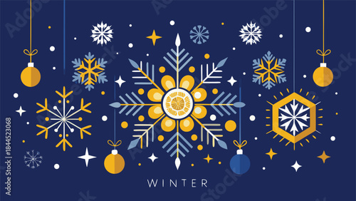 Merry Christmas card featuring white snowflakes on a blue background..eps