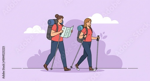 Two women hikers with backpacks and poles consult a map, enjoying an outdoor adventure