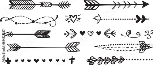 Arrow designs in black and white vector illustration. Simple and elegant decorative elements set for various styling needs.