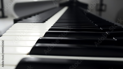 octet. Close-up of piano keys in black and white pattern, elegant musical instrument detail. lifestyle magazines, social media lookbooks, designed for influencer and brand collaborations.