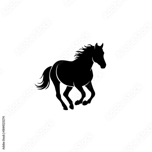 A striking black silhouette of a powerful horse galloping with its mane and tail flowing, depicted in a dynamic and elegant pose.