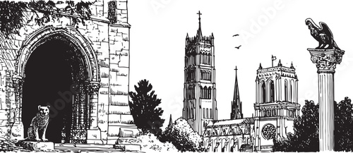 Gothic cathedral architecture illustration in black and white. Detailed vector drawing features a bear near the entrance and surrounding trees as a historical set.