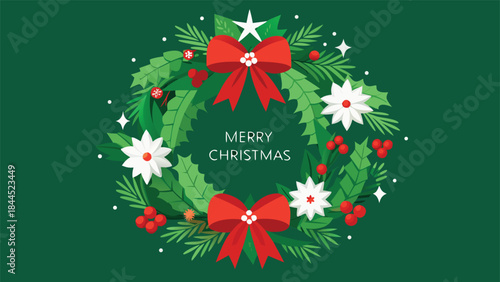 Christmas card featuring a festive poinsettia wreath, adorned with red and green colors, conveying holiday cheer..eps