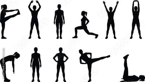 Fitness exercise silhouettes showing warm up stretching yoga strength training poses isolated on white background healthy lifestyle vector illustration set