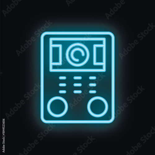Blue neon icon of an intercom system glowing on a black background