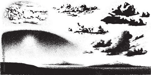 Clouds in a black and white landscape with abstract textures. Featuring a sun and horizon, this vector illustration emphasizes simplicity.