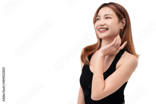 Beautiful young Asian woman with natural makeup and healthy glowing skin smiling confidently on white background