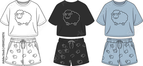 Three pairs of cartoon sheep pajamas with shorts and t-shirts sleepwear loungewear