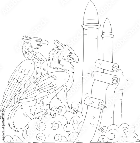 Fantasy Line Art  Griffins Guarding Ancient Towers and Scrolls