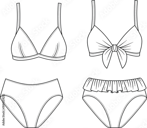 Various Styles of Bikini Tops and Bottoms Flat Fashion Sketches Keywords: bikini, swimwear, swimsuit, lingerie, apparel, fashion