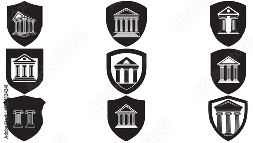 Vector icon set of classical bank building symbols inside shield emblems, isolated temple facades with pillars for financial institution, university, or government logos