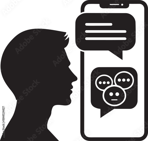 Black silhouette messaging app icon with speech bubbles minimalist flat vector communication symbol high contrast white background design ui ux