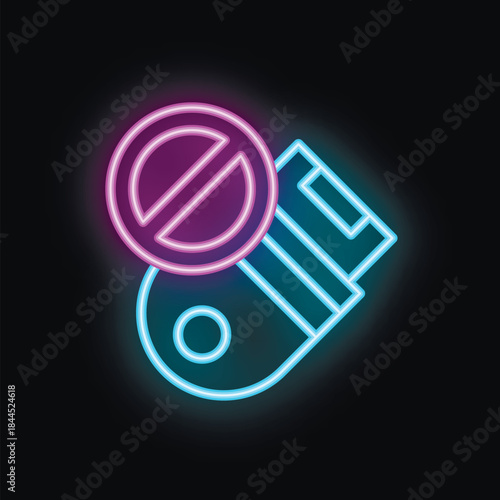 Glowing neon icon representing a prohibition sign over a usb flash drive, perfect for concepts about restricted data and access denied