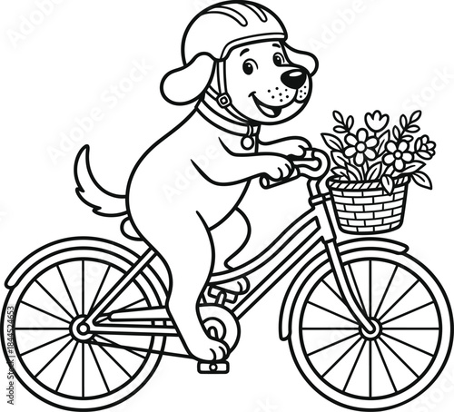 Cute Cartoon Dog Riding Bicycle with Helmet and Flower Basket – Black and White Coloring Page.