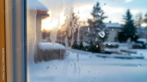 Wallpaper Mural Frost on window cloud dancer 2026 morning sunrise suburban snow melting icy droplets Torontodigital.ca