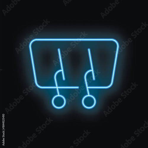 Blue neon icon of car windshield wipers glowing on black background