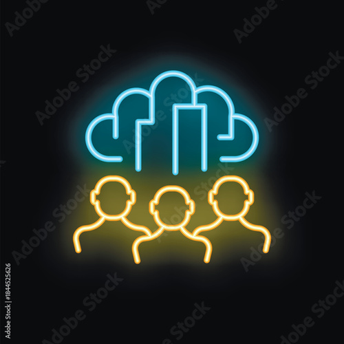 Team of developers working together sharing data in cloud computing neon icon