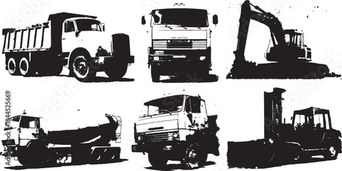 Set of vehicle illustrations: truck, dumper, excavator, cement mixer, and forklift. Black and white, heavy machinery vector illustration for industrial contexts.