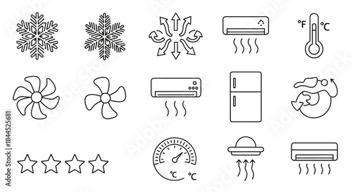 Collection of Cooling and Air Conditioning Icons in Outline Style.