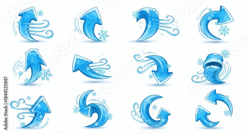 Collection of Blue Arrows with Winter Wind and Snow Effects.