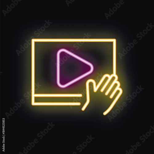 Neon sign of a hand pushing play button on a touch screen