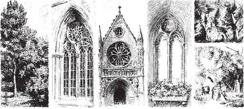 Gothic architecture illustration set featuring trees and church windows in classic black and white. Detailed vector drawing depicting outdoor scenery.