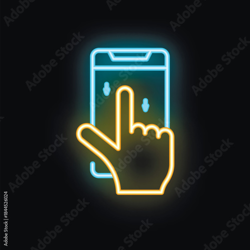 Bright neon sign of a hand touching a smartphone screen, perfect for showcasing mobile technology and user interaction