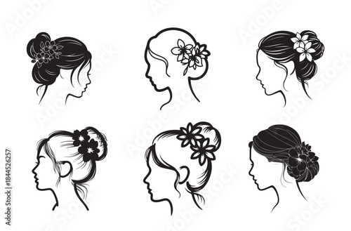Hair Bun with Flowers Silhouette Vector Icon Sheet – Elegant Feminine Style