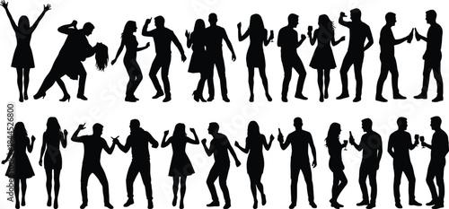 Party people silhouettes dancing couples celebration nightlife crowd social event disco fun music illustration festival club happy friends movement concept