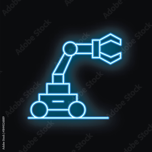 Blue neon sign of an industrial robot working in a factory