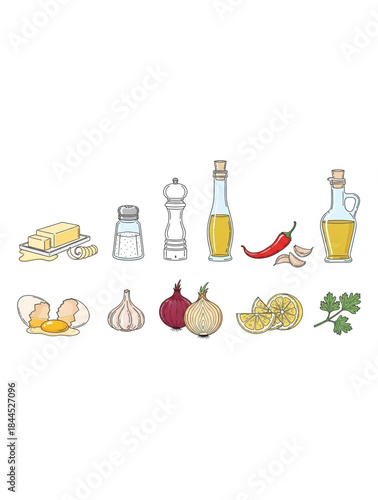 A collection of fresh cooking ingredients and kitchen spices illustration.