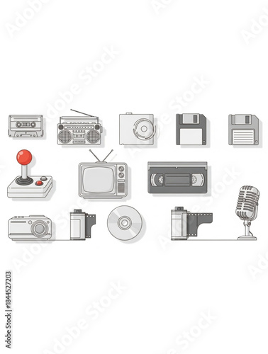 Retro technology icons on a white background.