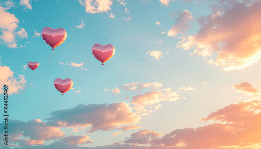 Obraz premium Romantic Valentine’s Day background, heart-shaped balloons floating in sky