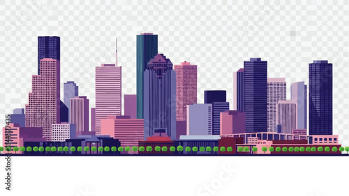 City skyline with tall buildings.
