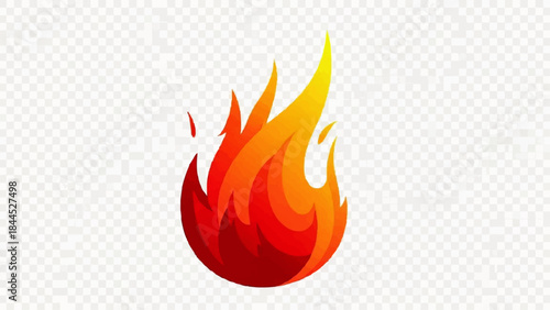Vibrant orange and red flame graphic.
