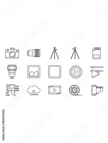 Photography and videography equipment thin line icon set